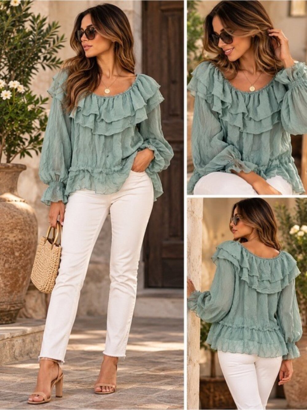 Gigi Moda Sage Green Silk Blend Ruffle Blouse Made Italy Boho Romantic Top Large